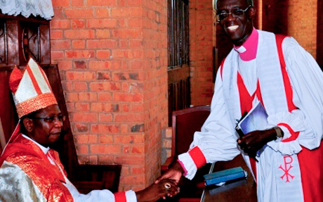 Abp Eliud Wabukala greets the Most Revd Stanley Ntagali