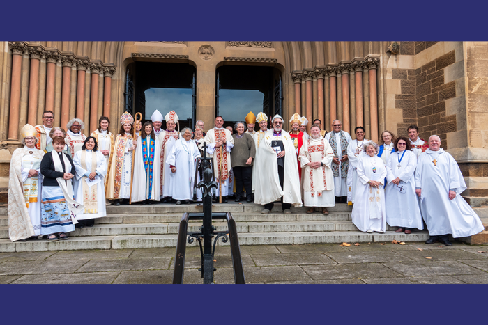 Clergy members outside St Peter’s Cathedral, Adelaide, following a service honouring Bishop Chris McLeod’s ministry as National Aboriginal Bishop